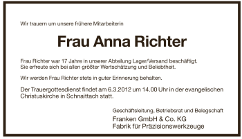 Traueranzeige von Anna Richter von Pegnitz-Zeitung